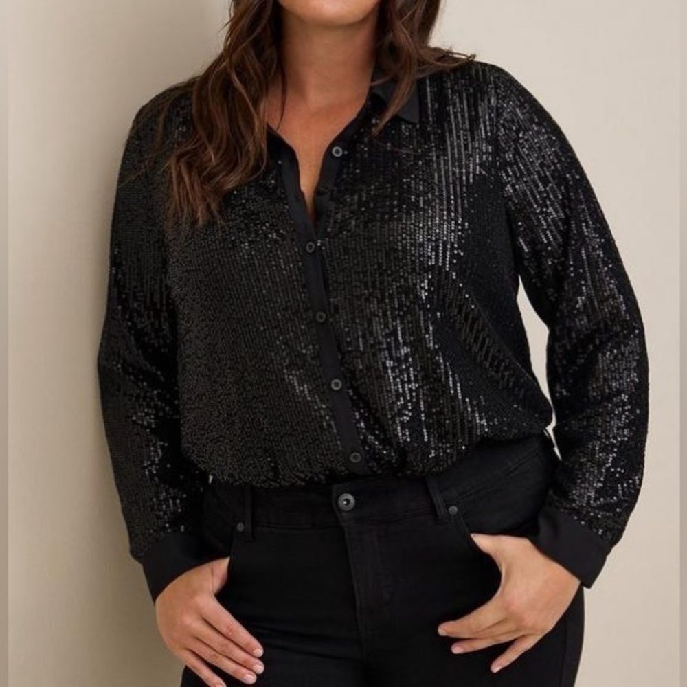 Women’s torrid 1 Black Madison Sequin Button-Front Long Sleeve Shirt 14 16 1XL
